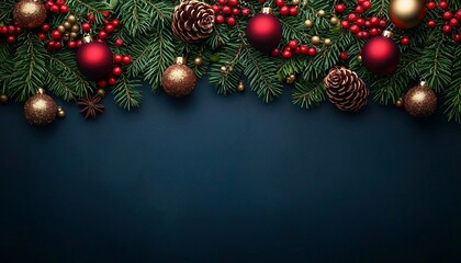 Festive Christmas pine branch border with red & gold ornaments, pinecones, berries. Elegant backdrop for holiday banners, social media, blog posts, & website designs. Copy space for text.