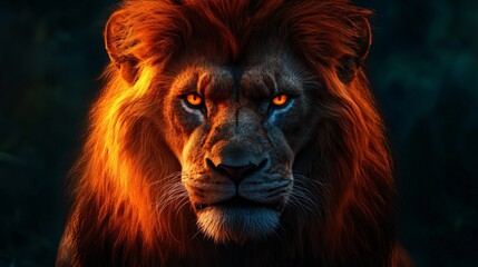 Fototapeta premium Fiery-Eyed Lion Majestic Portrait of a Male African Lion at Sunset