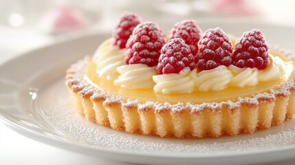 Lemon tartlet with raspberries and cream on white plate, close-up, food photography