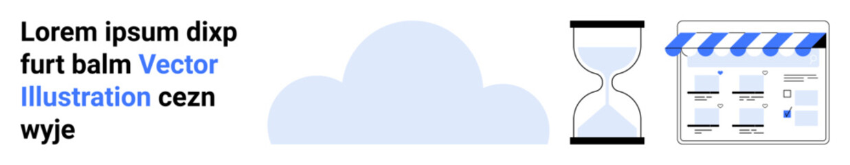 Cloud shape in the center, hourglass and storefront image on the right, with a title text on the left. Ideal for digital services, online stores, cloud computing, time management, ecommerce, modern