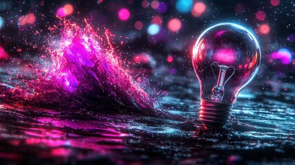 Light bulb illuminated by vibrant liquid splash, dark background, ideal for innovation concepts