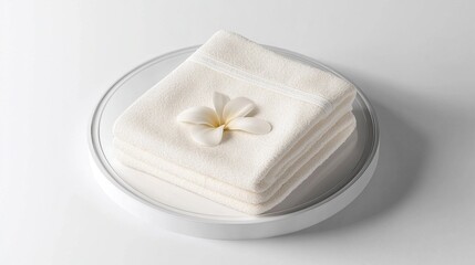 Elegant stacking of white towels, with a flower placed in the center and a fully white circular tray below, perfect for spa, bathroom, and luxury living decoration concepts.