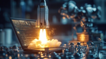 Rocket Launching from Laptop, Lab Background