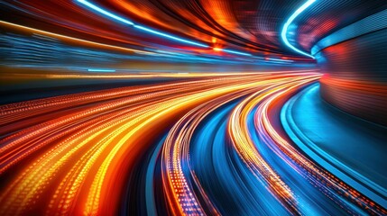 Light trails in tunnel, speed and motion blur, urban transport concept