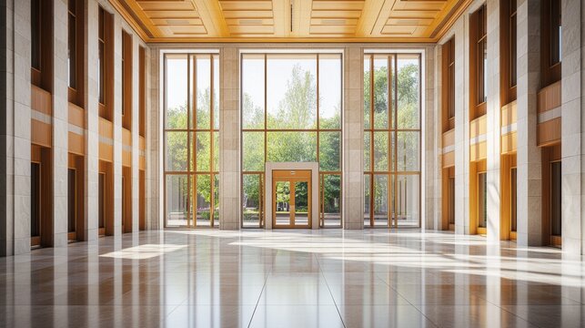 A legislative hall with expansive glass windows and classic wooden accents. Featuring balance and formality