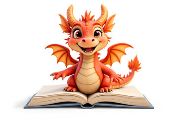 Delightful orange baby dragon sitting atop an open book for International Children,s Book Day spreading joy through reading and storytelling with a friendly smile