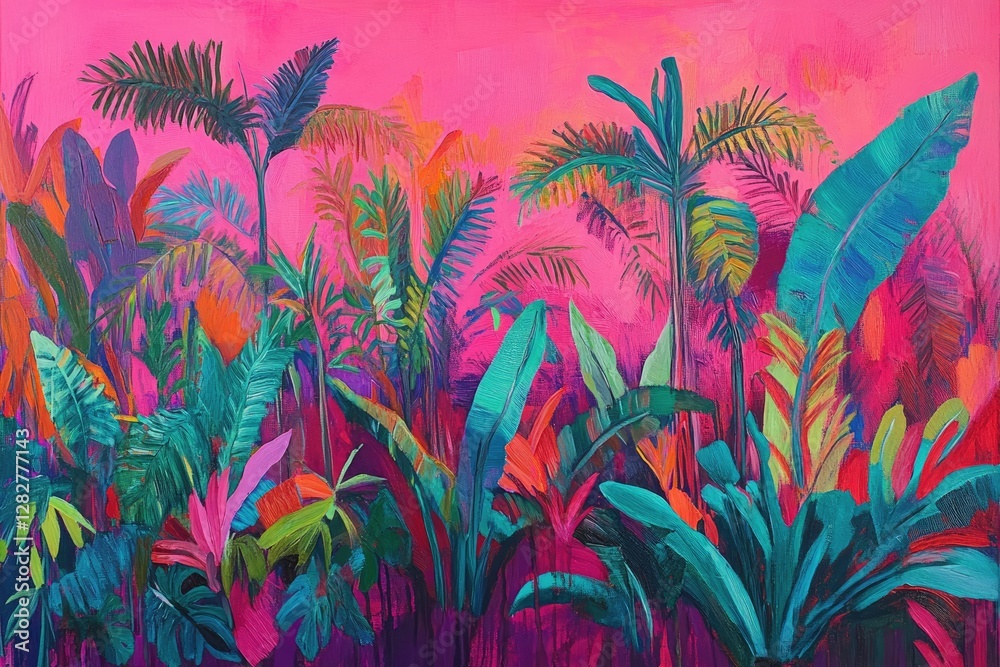 Wall mural Vibrant Tropical Painting, Pink Sunset, Lush Foliage, Wall Art