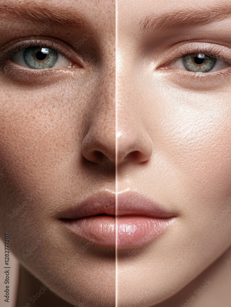 Leinwandbilder transformation of age depicted through a womans face showcasing wrinkles and smooth skin in a split 
