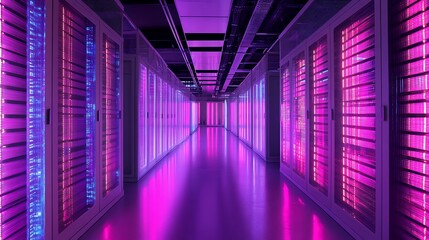 Fototapeta premium Illuminated Data Center Corridor: A Symphony of Purple and Pink