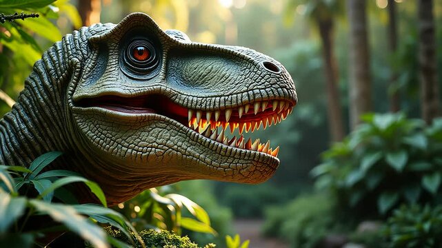 Dinosaur animatronic head moves in lush jungle setting