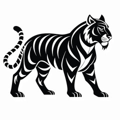 A Bold Standing Style Tiger Silhouette on White Background