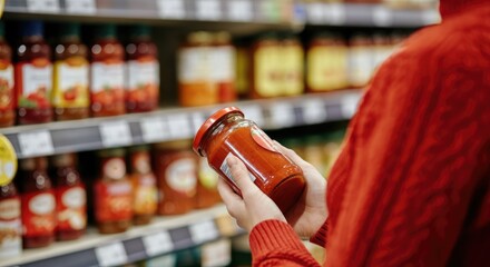 Person in store holding jar of tomato sauce front shelf with sauces