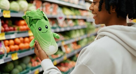 Person shopping in grocery store, holding smiling cabbage plush toy