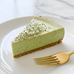 Rich and creamy matcha cheesecake slice on white plate, garnished with matcha powder, showcasing smooth texture and golden fork