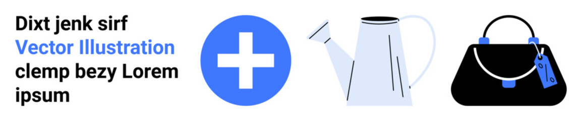 Blue medical cross, metal watering can, and elegant handbag with luggage tag in clean, minimal style. Ideal for healthcare, gardening, fashion, branding, wellness lifestyle flat landing page banner