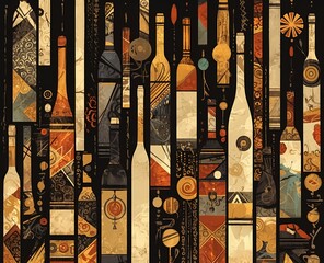 Modern art in an abstract style with wine bottles and geometric shapes in black, white, burgundy, and gold
