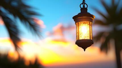Illuminated lantern hanging at sunset, palm trees in background; ideal for Ramadan, peace, or serenity themes