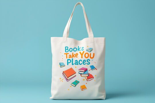 Charming white tote bag featuring colorful cartoon books and the uplifting phrase 'Books Take You Places', designed for International Children,s Book Day against a serene blue background