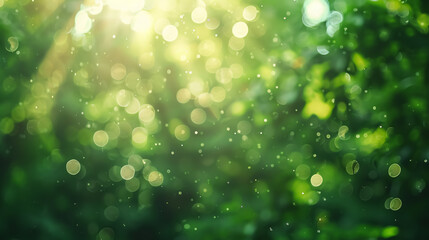 Obraz premium Defocused abstract green forest with sunbeams filtering through.