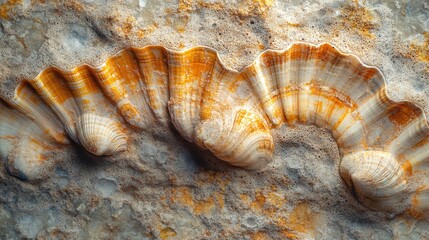 seashell texture closeup on beach displaying delicate wavy patterns and natural marine details emphasizing ocean beauty and tropical coastal nature
