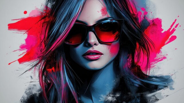 Stylish Woman, Red-Blue Abstract, Sunglasses, Portrait