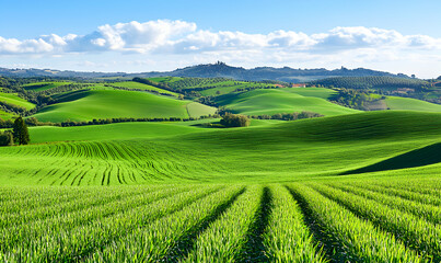 Naklejka premium Lush green rolling hills of Tuscany, Italy, under a vibrant blue sky. Perfect for travel, nature, and agriculture themes.