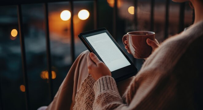 Woman enjoying book on e-reader with cup of coffee at dusk