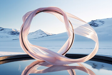 Futuristic Abstract Design with Transparent Fabric and Snowy Mountain Backdrop