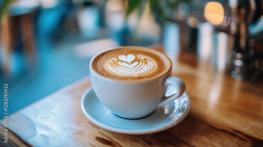Poster Warm latte with heart shaped foam art served in a cozy cafe setting during afternoon hours. Generative AI