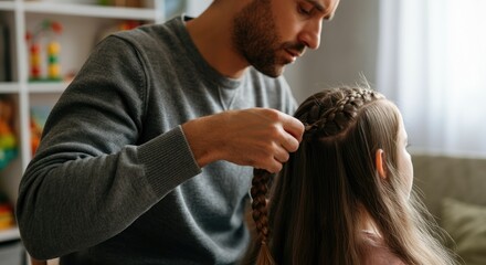 Naklejka premium Father braiding young daughter's hair at home