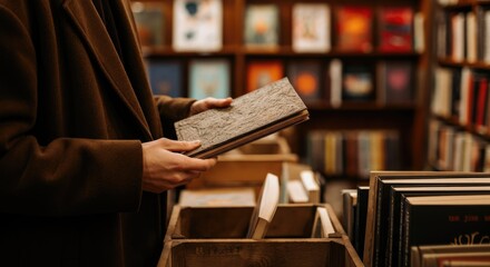 Naklejka premium Person holding book in cozy bookstore with wooden shelves and warm lighting