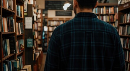 Man in library browsing bookshelves filled with books