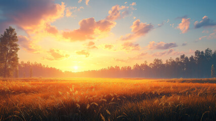 Fototapeta premium Beautiful sunset landscape with a wild grass field in the foreground and a forest in the distance