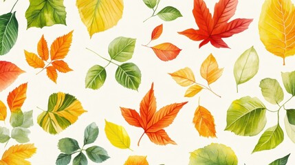 Obraz premium A whimsical wallpaper adorned with vibrant watercolor leaves, each one a miniature masterpiece of nature is artistry.