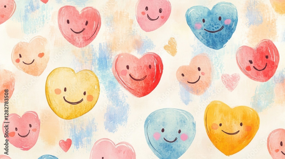 Leinwandbilder colorful watercolor hearts with smiling faces creating a joyful pattern in soft pastel colors. gener