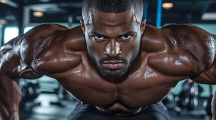 Muscular Shirtless Man Exercising Intensely in Fitness Gym
