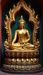 Golden Buddha statue surrounded by intricate carvings and sculptures , golden, silversmithing