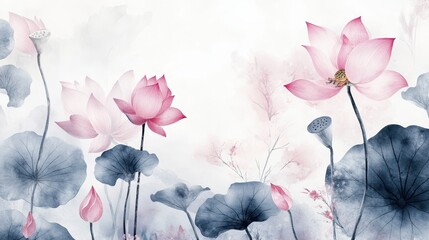 A whimsical watercolor landscape, adorned with delicate floral and botanical line art, bursting with vibrant summer hues. Lush tropical foliage, graceful lotus flowers, intricate ginkgo leaves, and