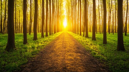 Fototapeta premium Sunlit Path Through a Lush Green Forest at Sunset