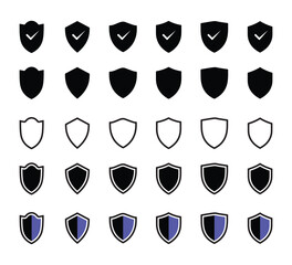 Set of security shield icons. Collection of shield icon with check mark or security shield protection icon with tick symbol. shield icon in fill and outline style. Security symbols Vector illustration