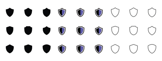 Shield icons set. Collection of security shield icons isolated on white background. Different shields shapes. Safety, protection, defense symbol. Security logo. Vector graphic. EPS 10