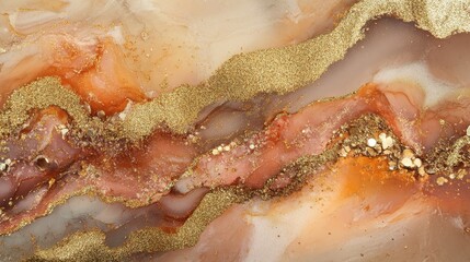 Obraz premium A canvas of muted brown and golden glitter, adorned with the mesmerizing marble texture and the vibrant strokes of alcohol ink, creating a sense of depth and fluidity.