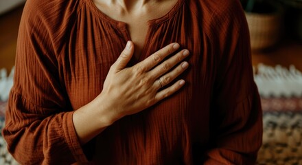 Close-up of person practicing mindfulness with hand on chest