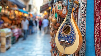 Obraz premium Traditional String Instrument in Colorful Market Stall Setting