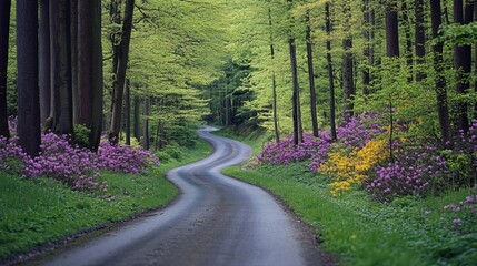 Obraz premium Serpentine Road Winding Through a Lush Spring Forest