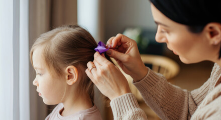Adult woman fixing purple bow in girl's hair near window