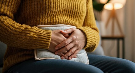 Woman holding heating pad on stomach, relief from menstrual cramps