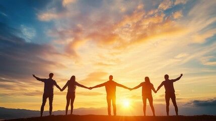 Group stands on top of mountain with arms raised in victory,sunset,triumph over challenges,banner.