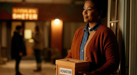 Woman holding donation box outside shelter at night