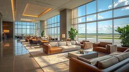 premium airport lounge with cozy plush seating expansive windows and sophisticated decor creating a relaxing space for business travelers and VIP passengers